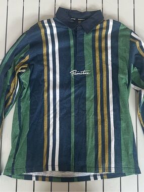 Primitive Long Sleeve Striped Polo Shirt - Navy/Green/Gold/White